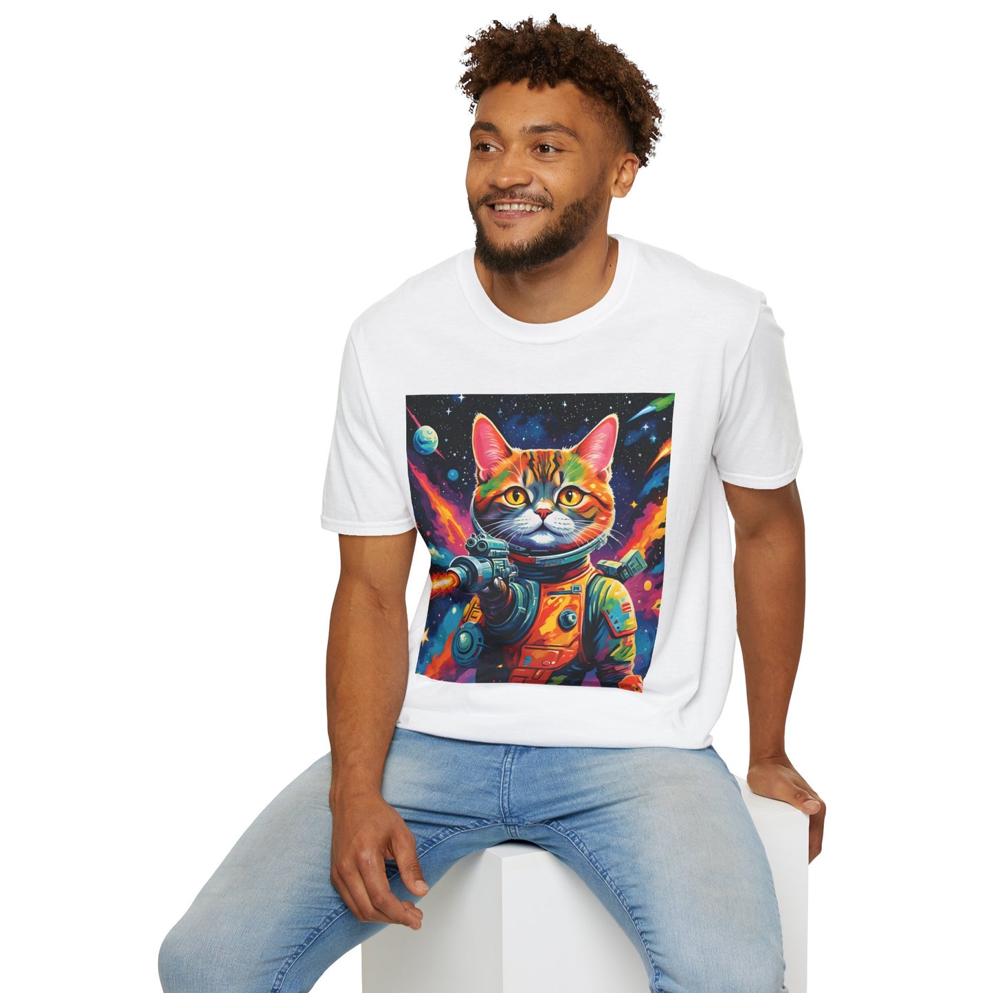 "Laser Catstronaut T Shirt: Galactic Glam Meets Feline Firepower"
