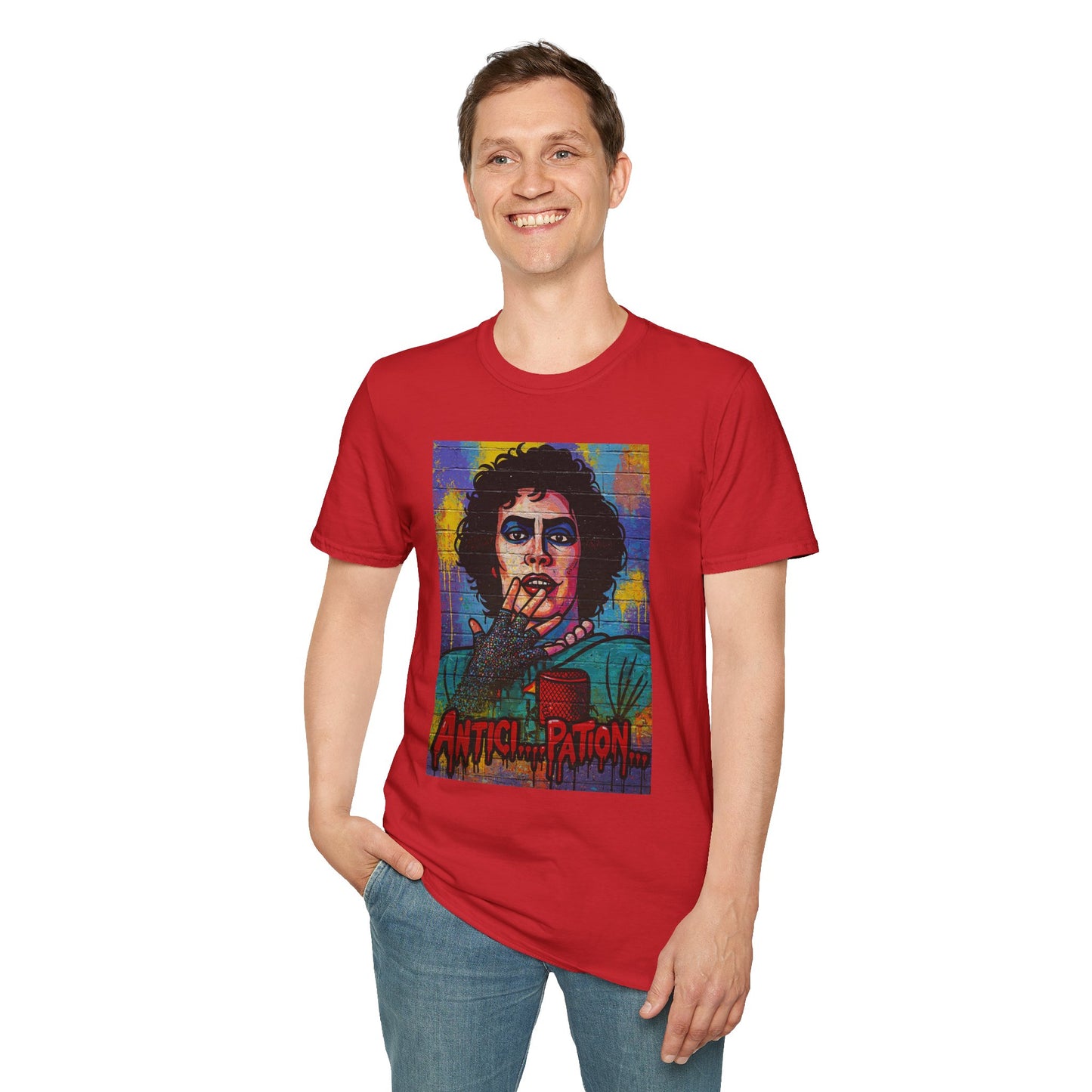 Rocky Horror Frank-N-Furter "ANTICI...PATION" Street Art T Shirt – Cult Classic Glamour for Your Walls