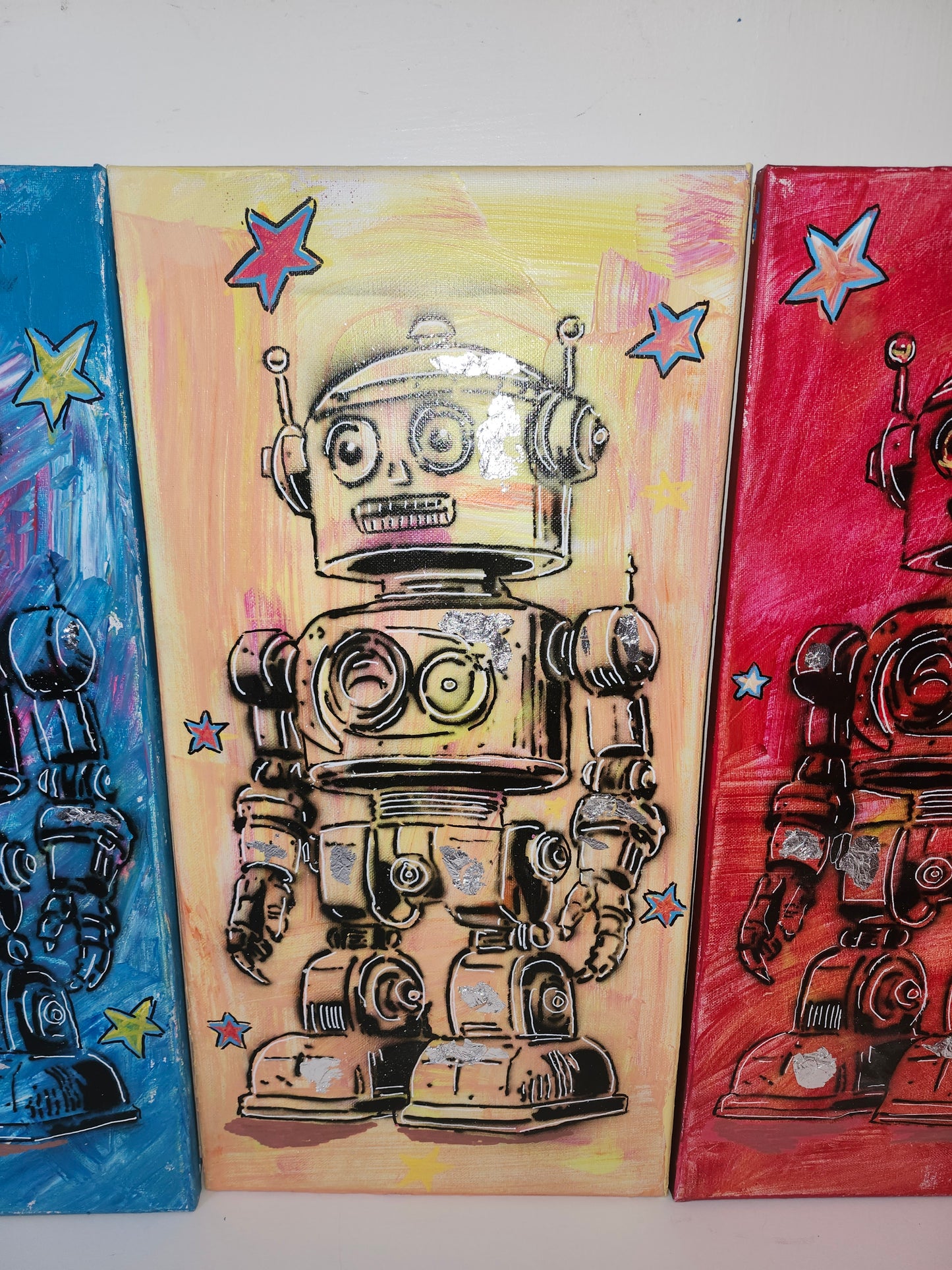 Retro Robot Pop‑Art Triptych – 10x20 Three‑Frame Set Original Art