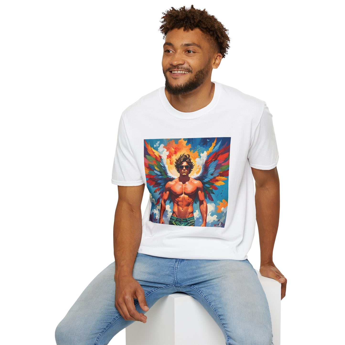 Rainbow Winged Muscle Icon T Shirt: Divine Drama in Full Flight