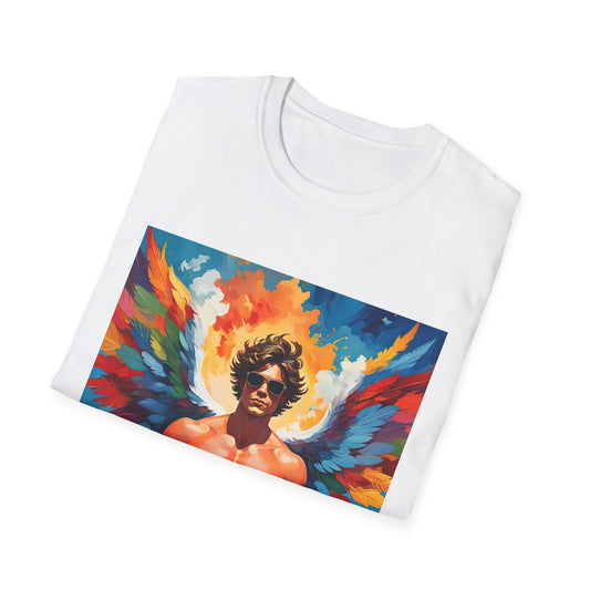 Rainbow Winged Muscle Icon T Shirt: Divine Drama in Full Flight