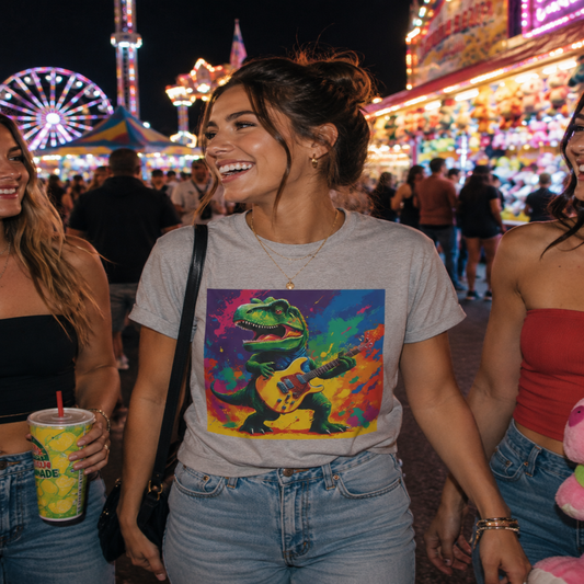 Woman wearing a colorful t-shirt with a graphic design at a fairground.