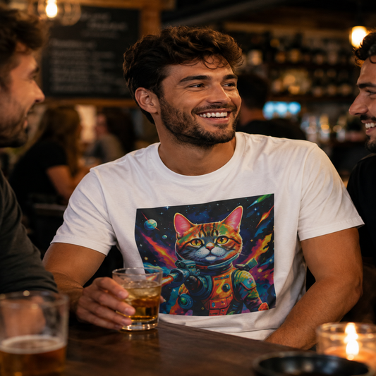 Man wearing a white t-shirt with a colorful cat graphic, sitting at a bar with drinks.