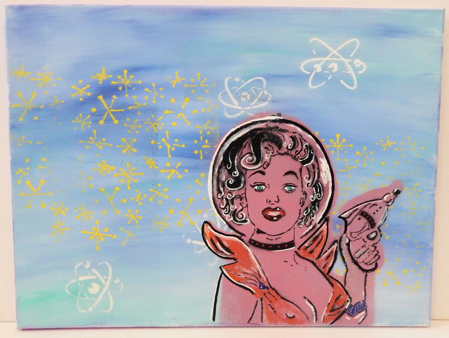 Original Retro Pinup Astronaut Art, Atomic Age Decor, Unique Hand-Painted Gift Pop Graffiti Spray Paint