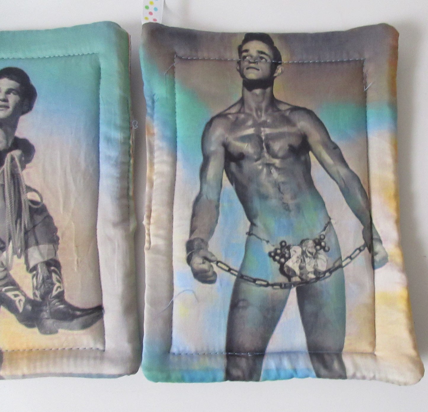 Male Vintage 50's Beefcake Potholders Vintage Cowboys & Butterfly Chains – Quilted Pot Holders with Attitude