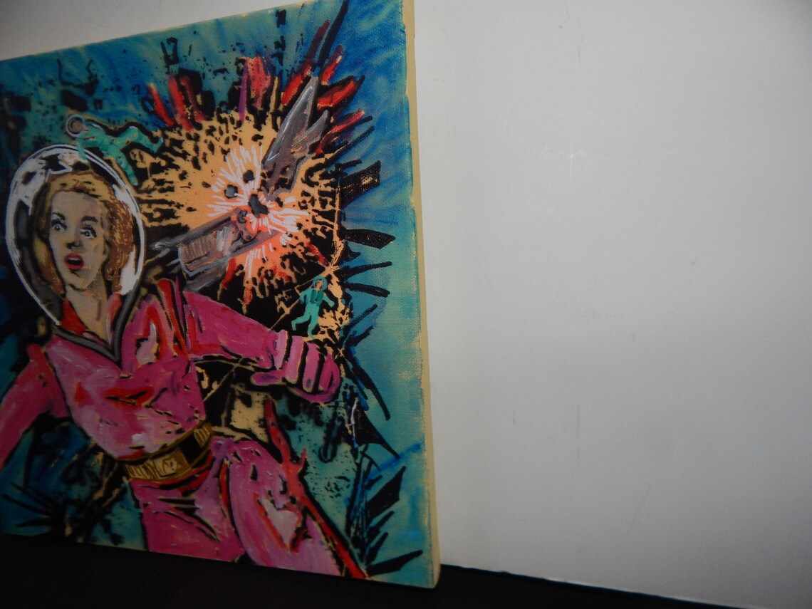 Original Pop Graffiti "Cosmic Panic” – Original 12x12 Pop Art Painting – Retro Space Drama Meets Comic Book Chaos