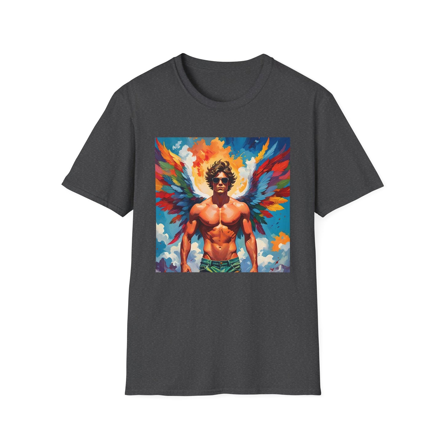 Rainbow Winged Muscle Icon T Shirt: Divine Drama in Full Flight
