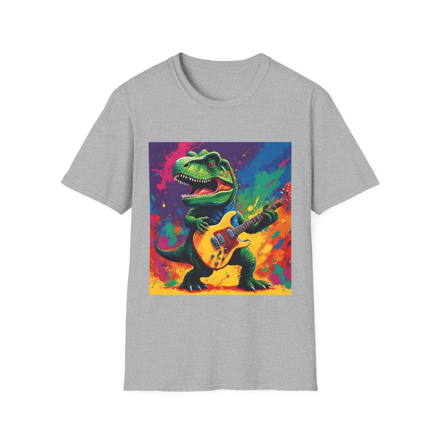 "Jurassic Jam T Shirt: T. Rex Shreds in Full Color Fury" Unisex Softstyle T Shirt
