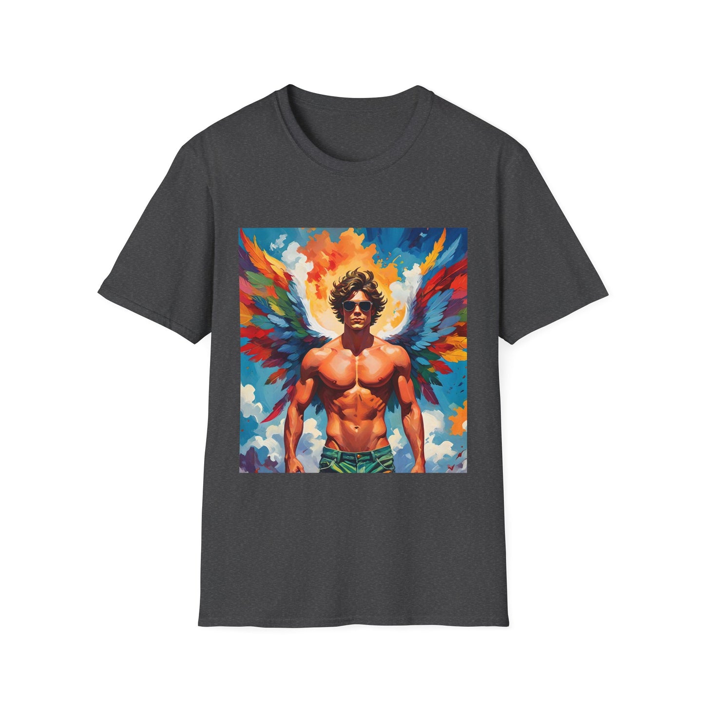 Rainbow Winged Muscle Icon T Shirt: Divine Drama in Full Flight