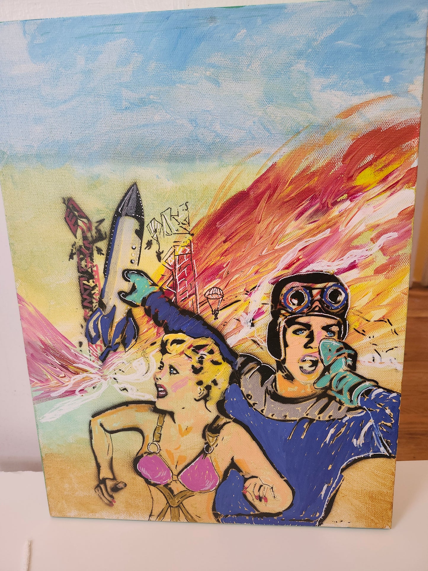 Retro Space Adventure Original Painting – Pop Art Sci-Fi Canvas Art, Mid-Century Inspired, One-of-a-Kind Artwork