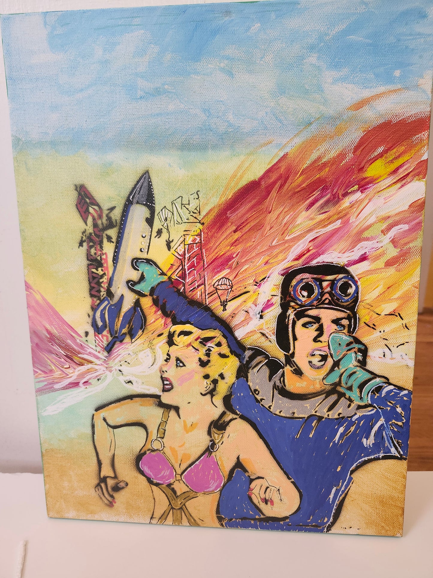 Retro Space Adventure Original Painting – Pop Art Sci-Fi Canvas Art, Mid-Century Inspired, One-of-a-Kind Artwork