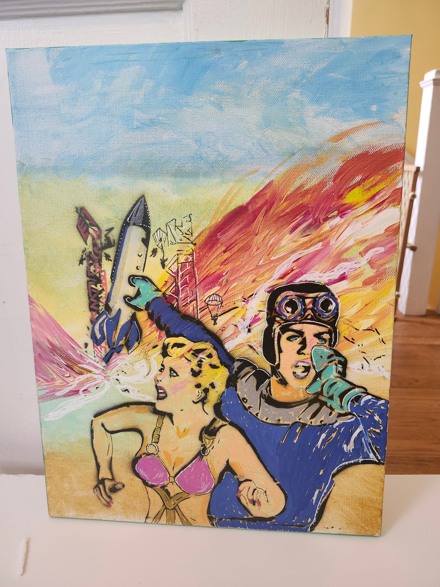 Retro Space Adventure Original Painting – Pop Art Sci-Fi Canvas Art, Mid-Century Inspired, One-of-a-Kind Artwork