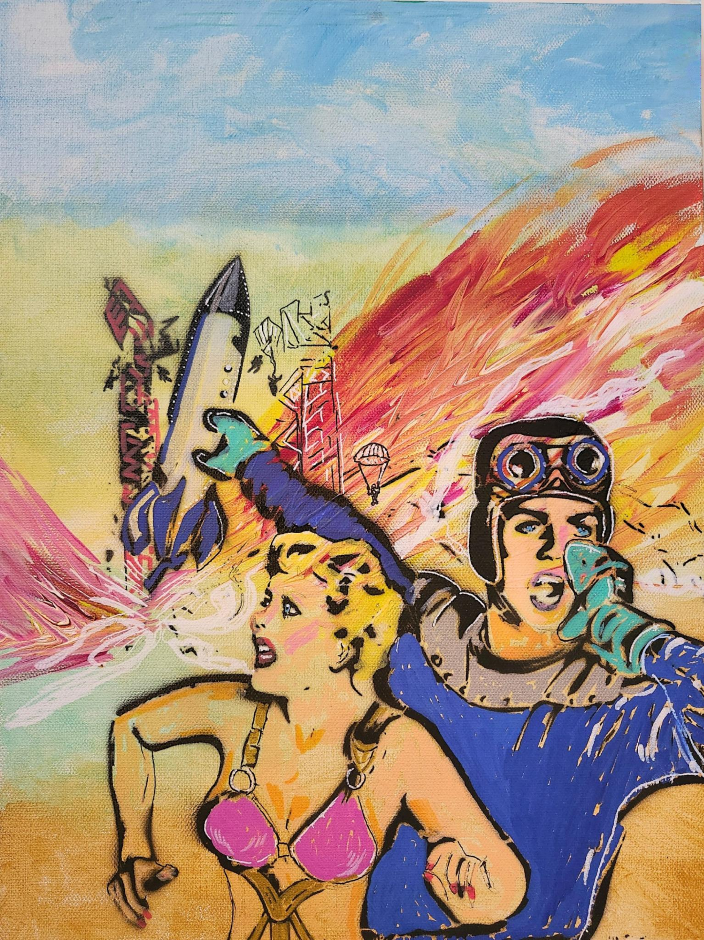 Retro Space Adventure Original Painting – Pop Art Sci-Fi Canvas Art, Mid-Century Inspired, One-of-a-Kind Artwork