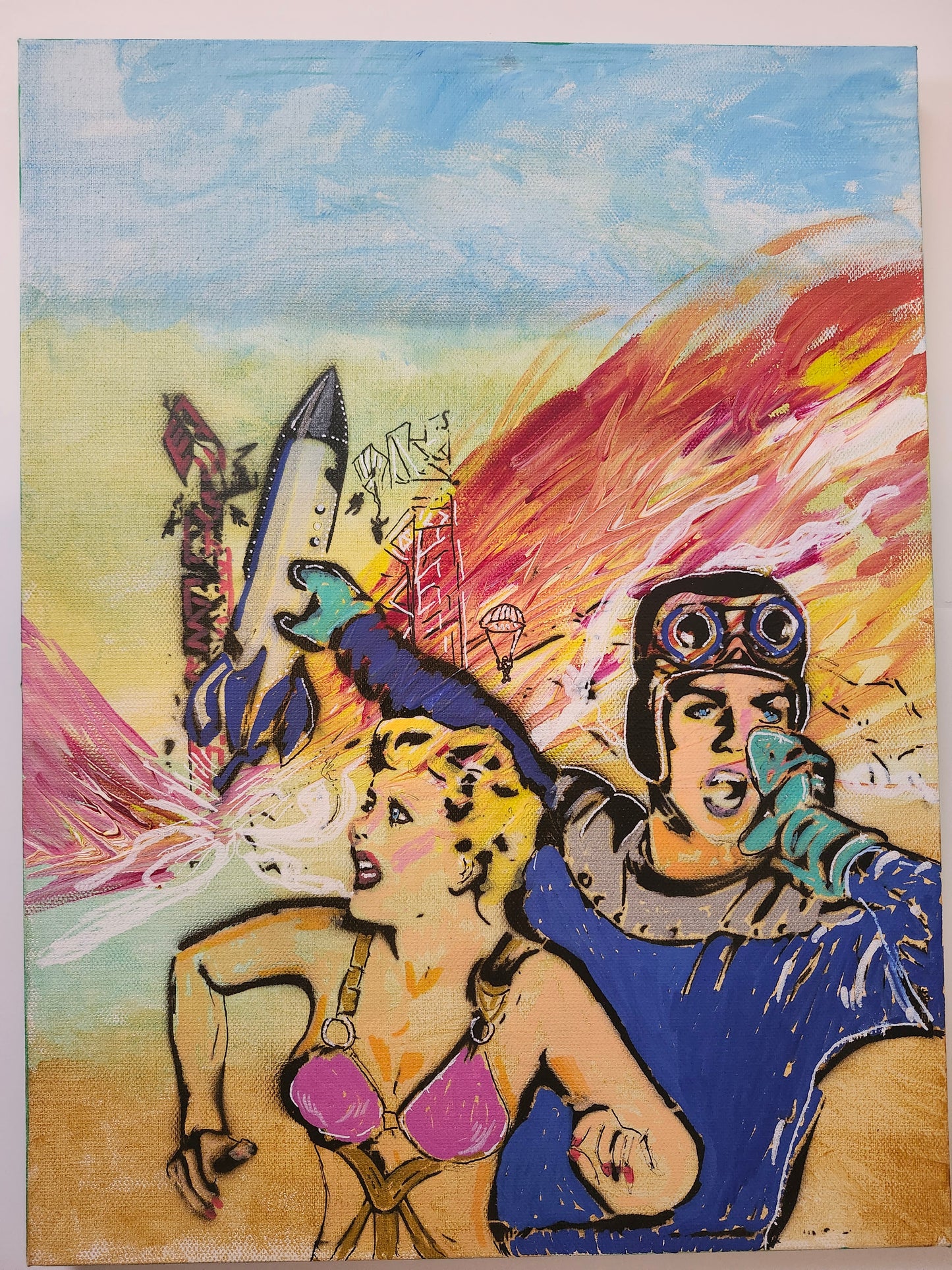 Retro Space Adventure Original Painting – Pop Art Sci-Fi Canvas Art, Mid-Century Inspired, One-of-a-Kind Artwork
