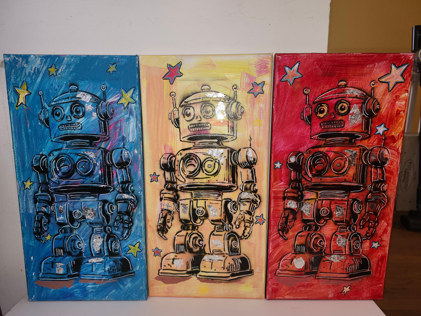 Retro Robot Pop‑Art Triptych – 10x20 Three‑Frame Set Original Art