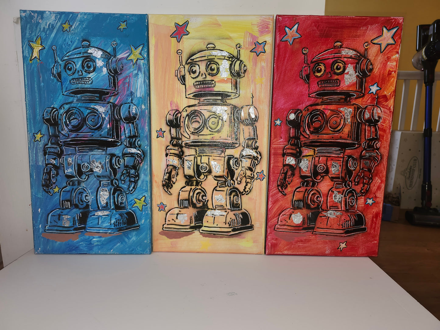 Retro Robot Pop‑Art Triptych – 10x20 Three‑Frame Set Original Art