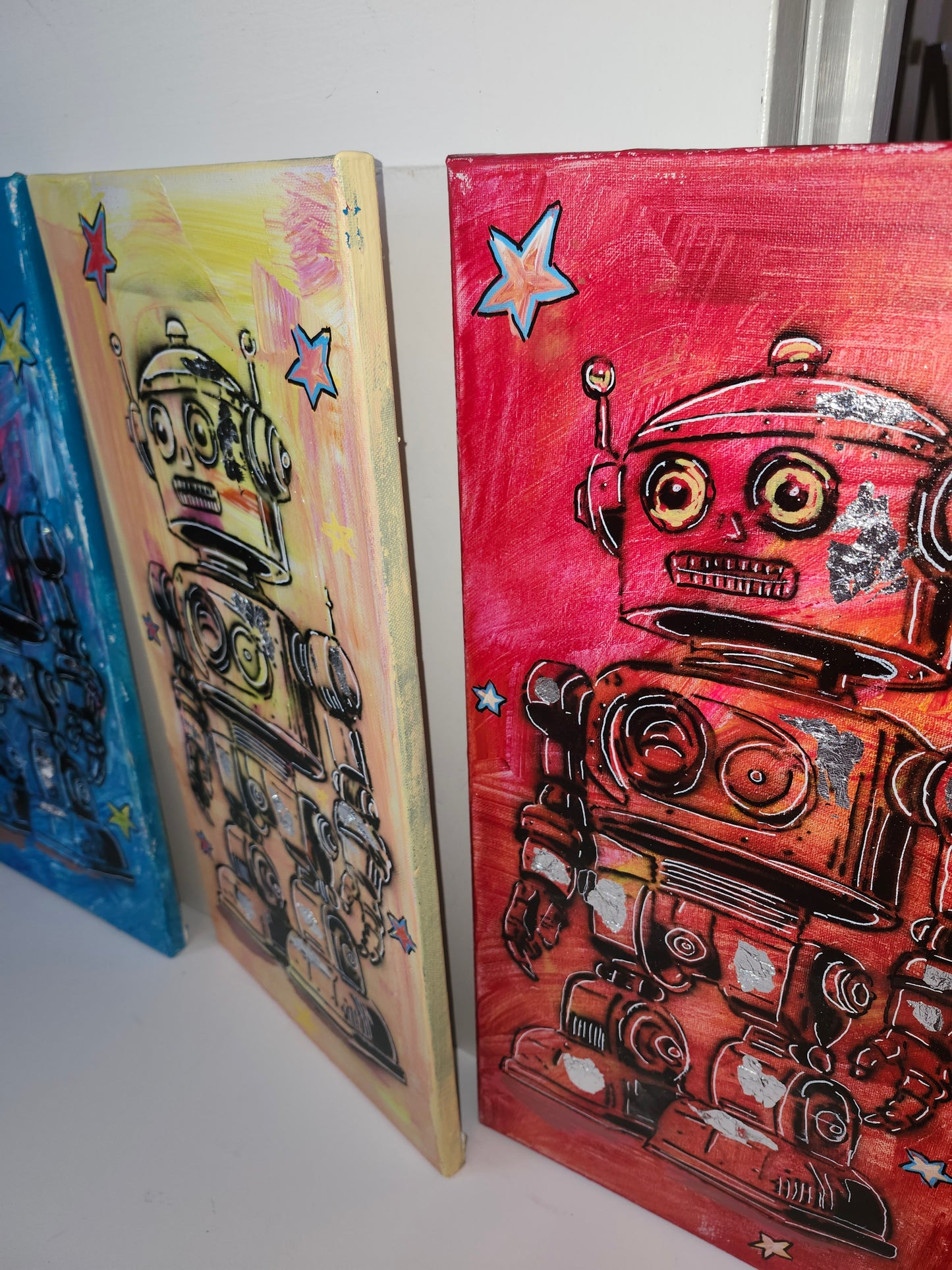Retro Robot Pop‑Art Triptych – 10x20 Three‑Frame Set Original Art