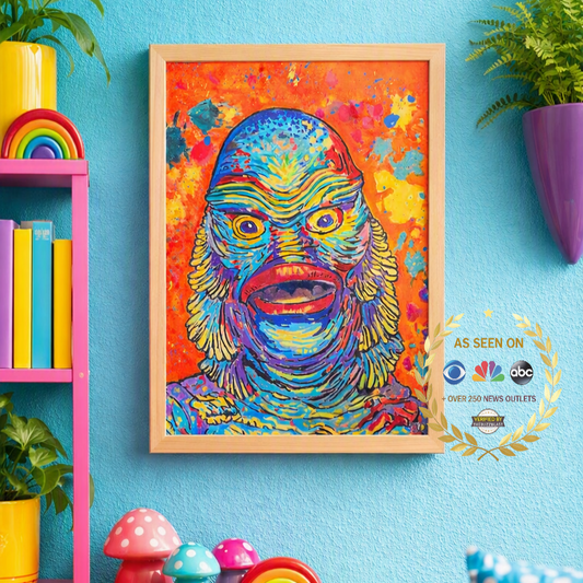 A framed colorful pop-art print of the Creature from the Black Lagoon on a light wood frame, displayed on a bright blue wall next to a pink bookshelf and plants.
