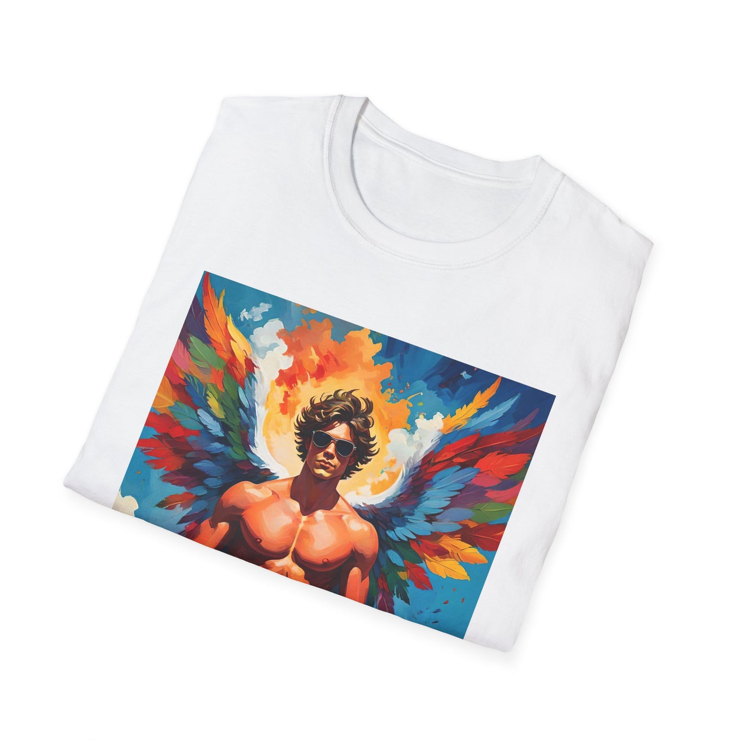 Rainbow Winged Muscle Icon T Shirt: Divine Drama in Full Flight