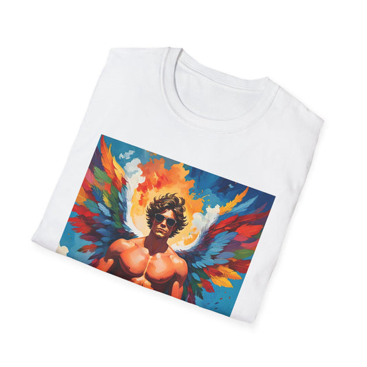 Rainbow Winged Muscle Icon T Shirt: Divine Drama in Full Flight
