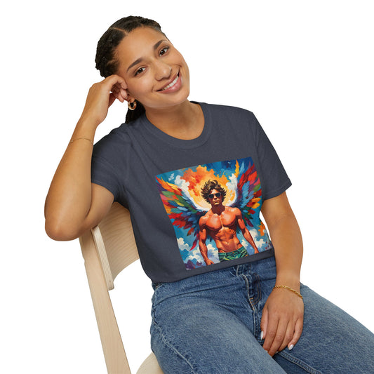 Rainbow Winged Muscle Icon T Shirt: Divine Drama in Full Flight