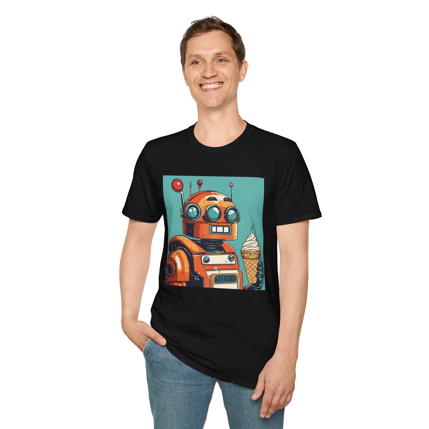 Retro Robot with Ice Cream T Shirt – Sweet Tech Nostalgia