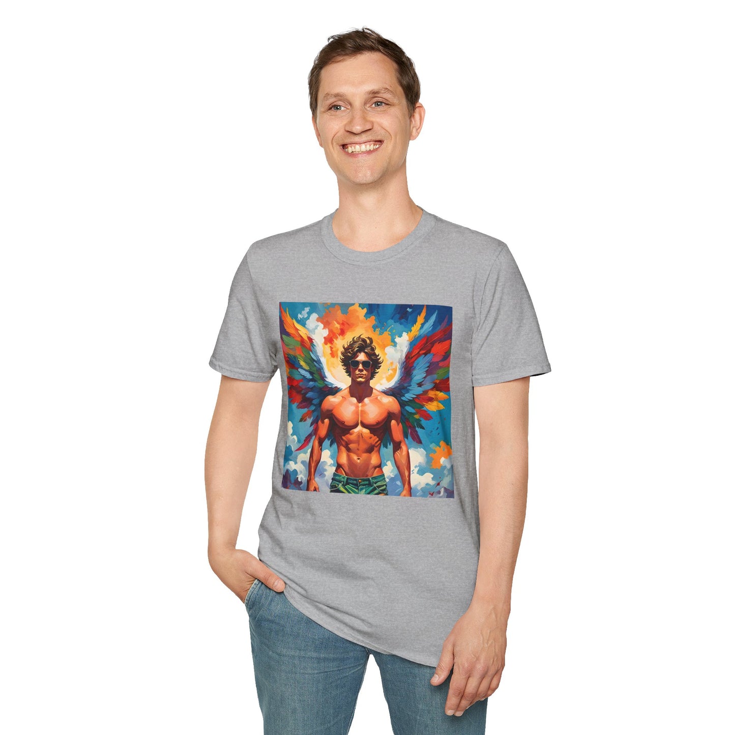 Rainbow Winged Muscle Icon T Shirt: Divine Drama in Full Flight