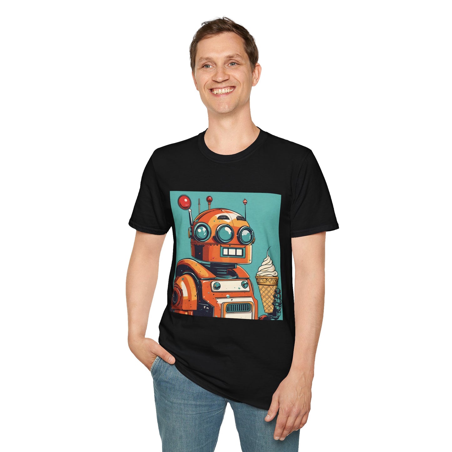 Retro Robot with Ice Cream T Shirt – Sweet Tech Nostalgia
