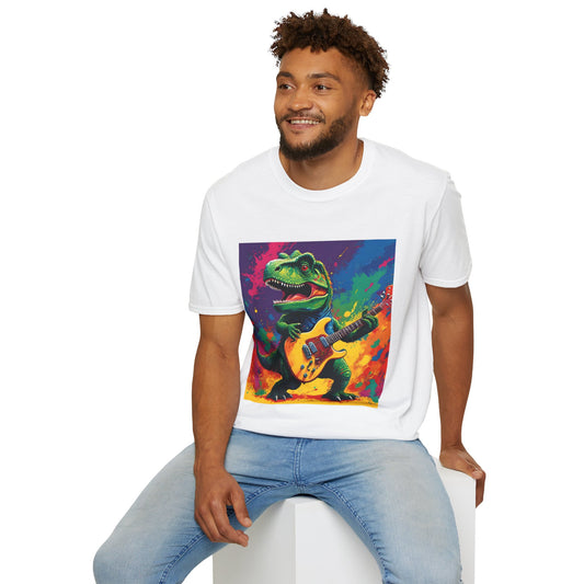 "Jurassic Jam T Shirt: T. Rex Shreds in Full Color Fury" Unisex Softstyle T Shirt
