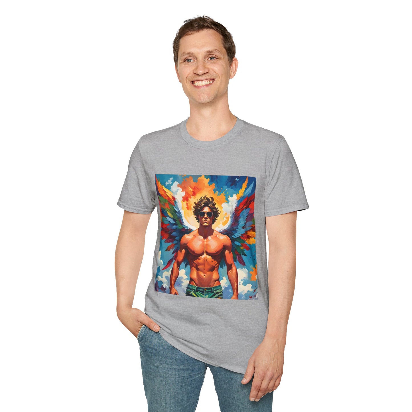 Rainbow Winged Muscle Icon T Shirt: Divine Drama in Full Flight