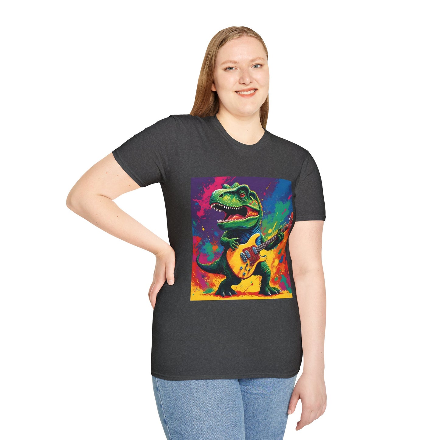 "Jurassic Jam T Shirt: T. Rex Shreds in Full Color Fury" Unisex Softstyle T Shirt