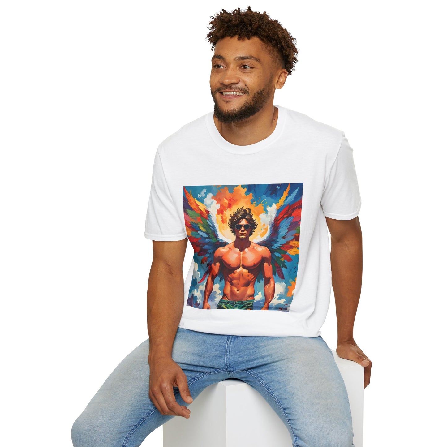 Rainbow Winged Muscle Icon T Shirt: Divine Drama in Full Flight