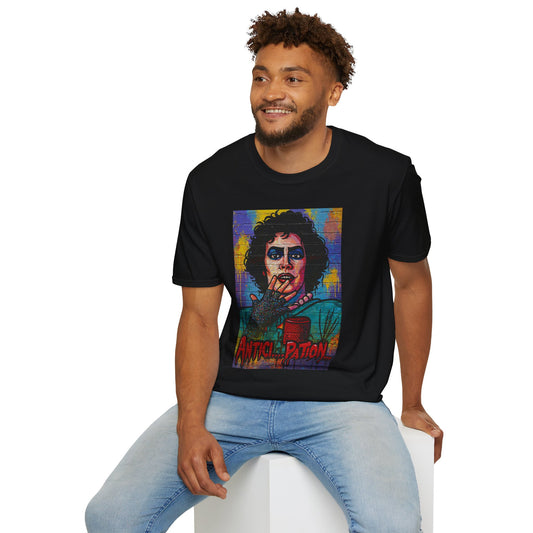 Rocky Horror  Frank-N-Furter "ANTICI...PATION" Street Art T Shirt – Cult Classic Glamour for Your Walls
