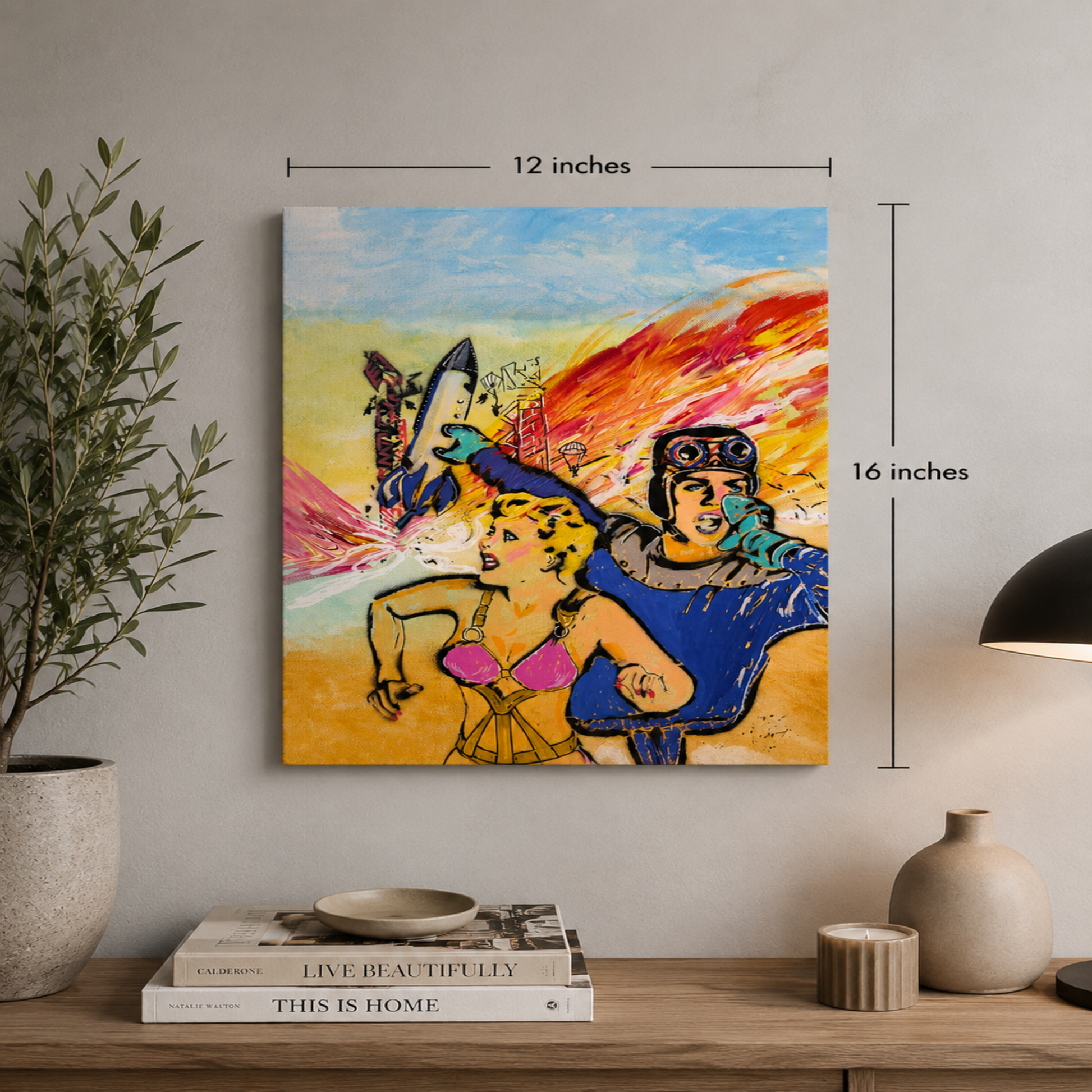 Colorful abstract painting on a wall with dimensions, placed above a wooden shelf with decor items.