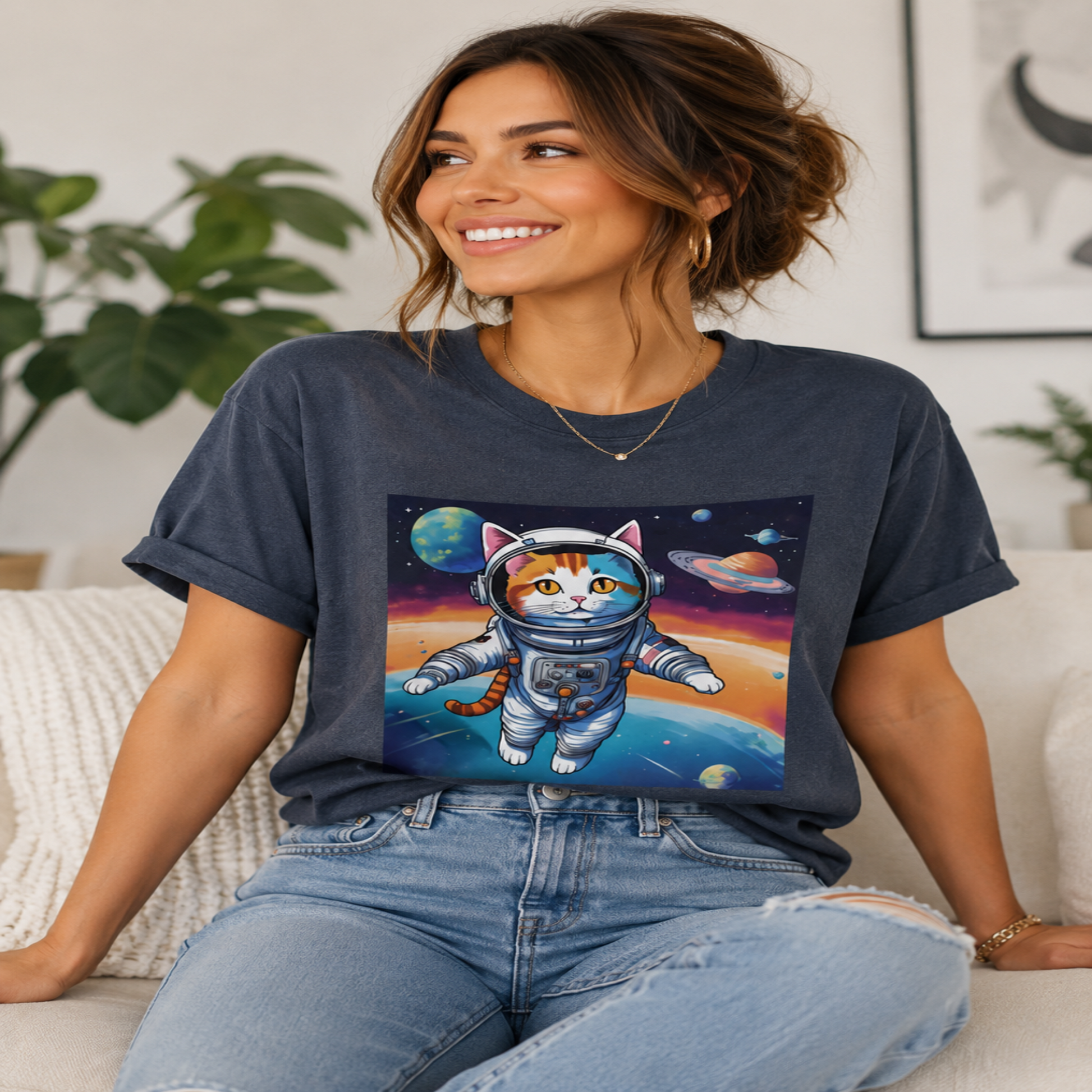 Woman wearing a navy blue t-shirt with a cat astronaut graphic, sitting on a couch.