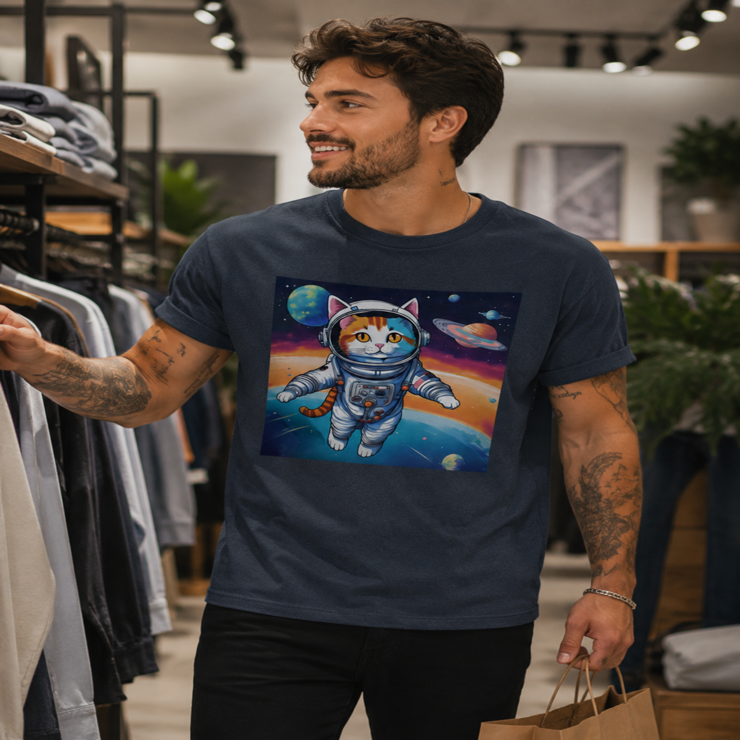 Man wearing a t-shirt with a cat astronaut graphic in a store.