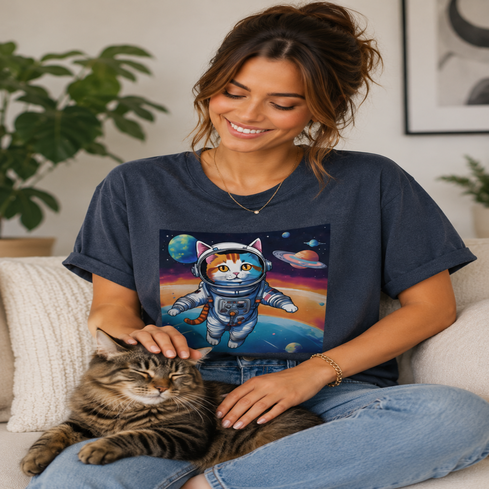 Woman wearing a t-shirt with a cat astronaut design, sitting on a couch with a cat.