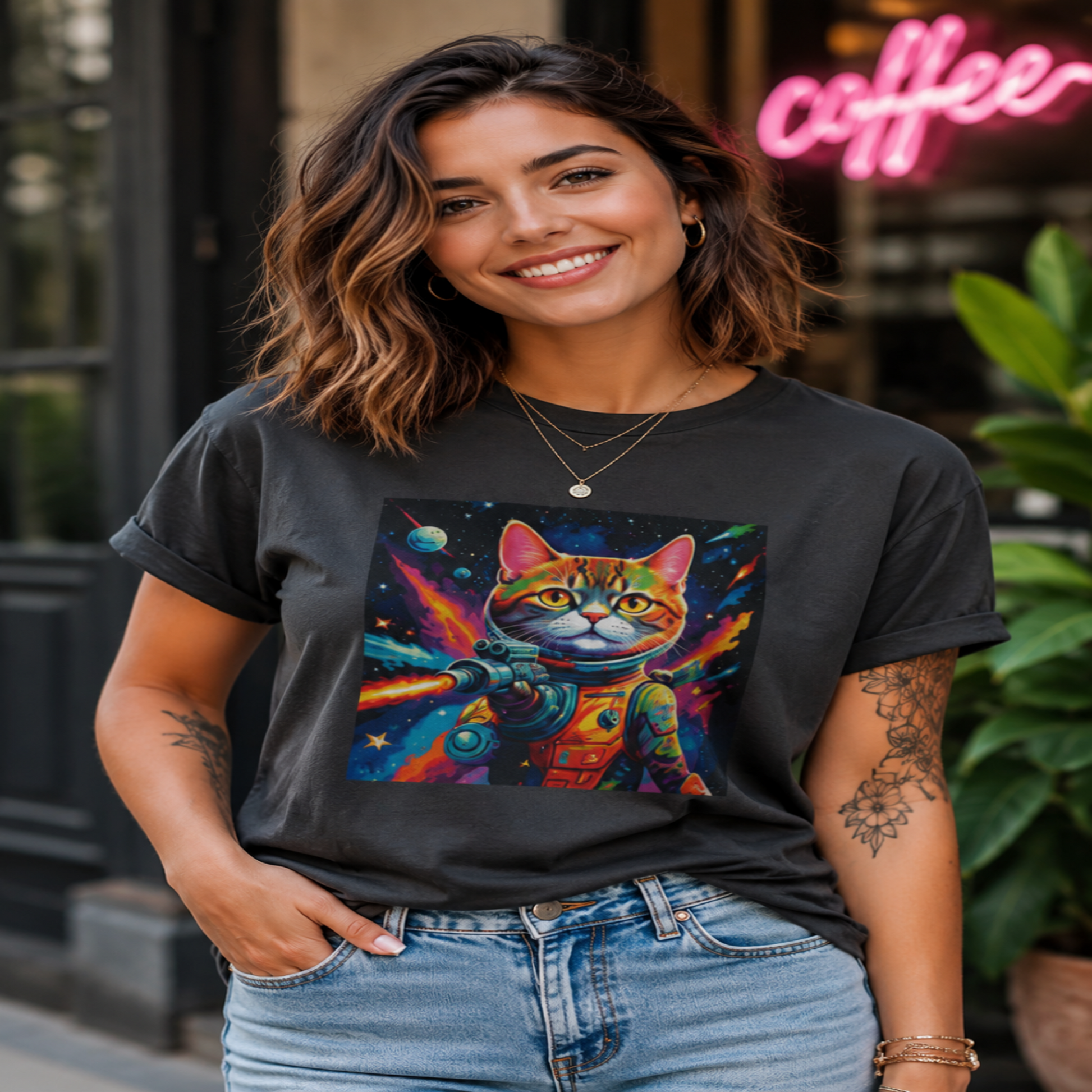Woman wearing a black t-shirt with a colorful cat graphic in an urban setting