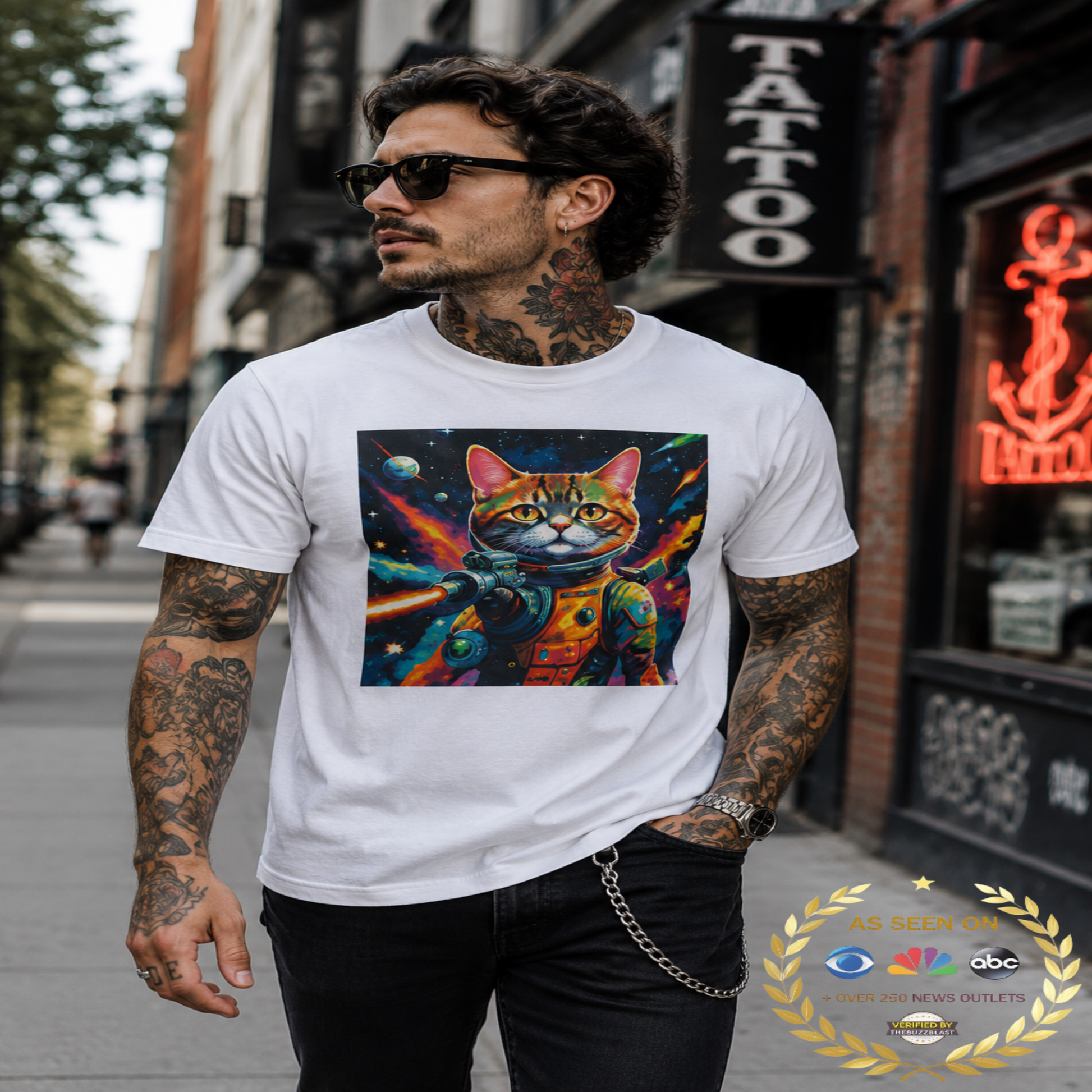 Man wearing a white t-shirt with a colorful cat astronaut graphic in an urban setting.