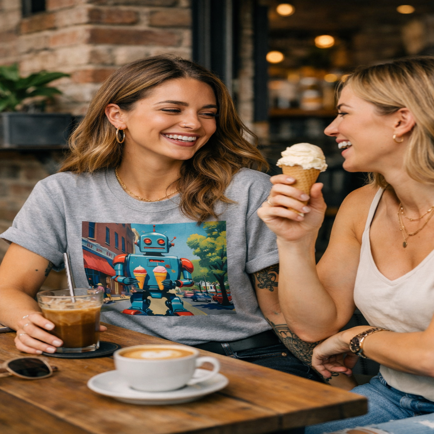 Two women enjoying ice cream and coffee at an outdoor cafe.
