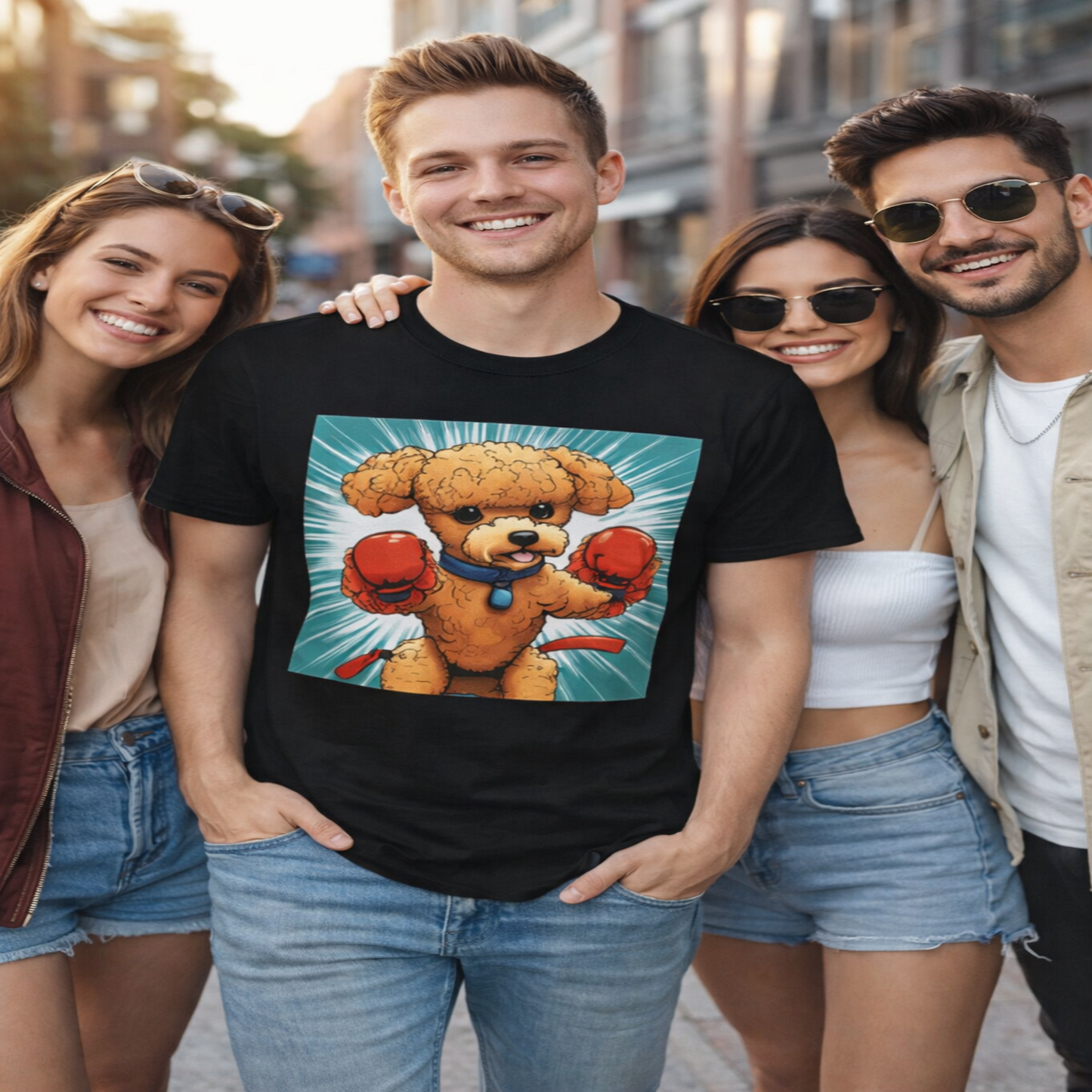 Man wearing a black t-shirt with a boxing poodle graphic, standing with three friends on a street.