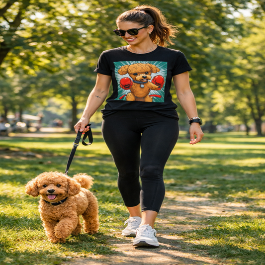 Woman walking a dog in a park wearing a black t-shirt with a graphic design.
