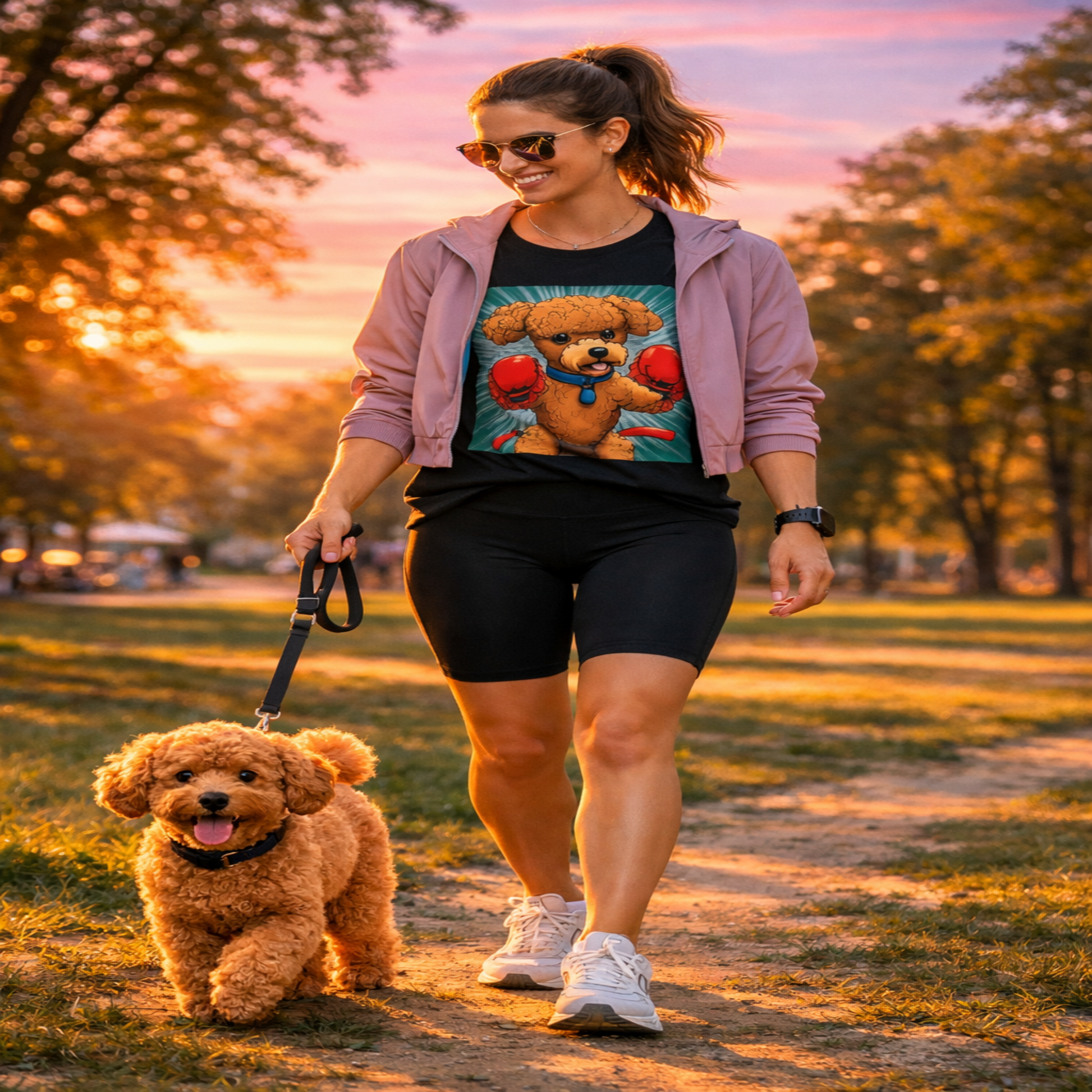 Woman walking a dog in a park at sunset