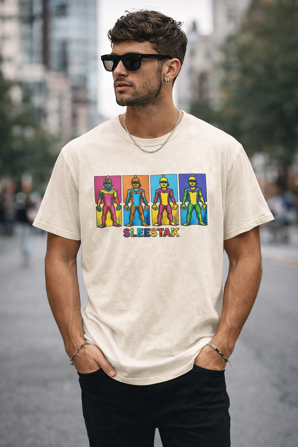 Sleestax Retro Alien Graphic T-Shirt — Colorful Pop Art Sci‑Fi Tee