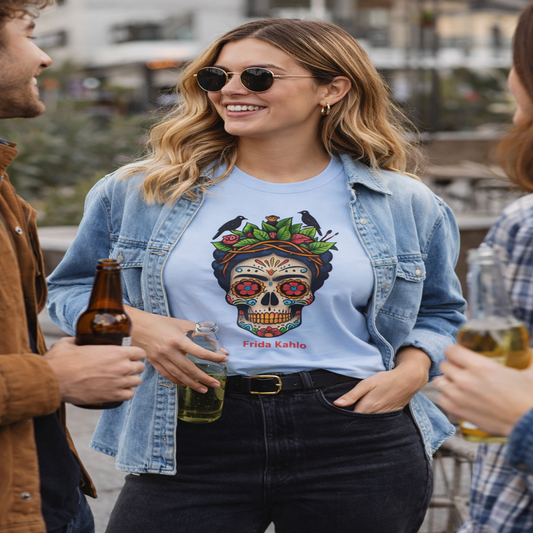 Frida Kahlo Sugar Skull T Shirt — Día de los Muertos Floral Art Tee
