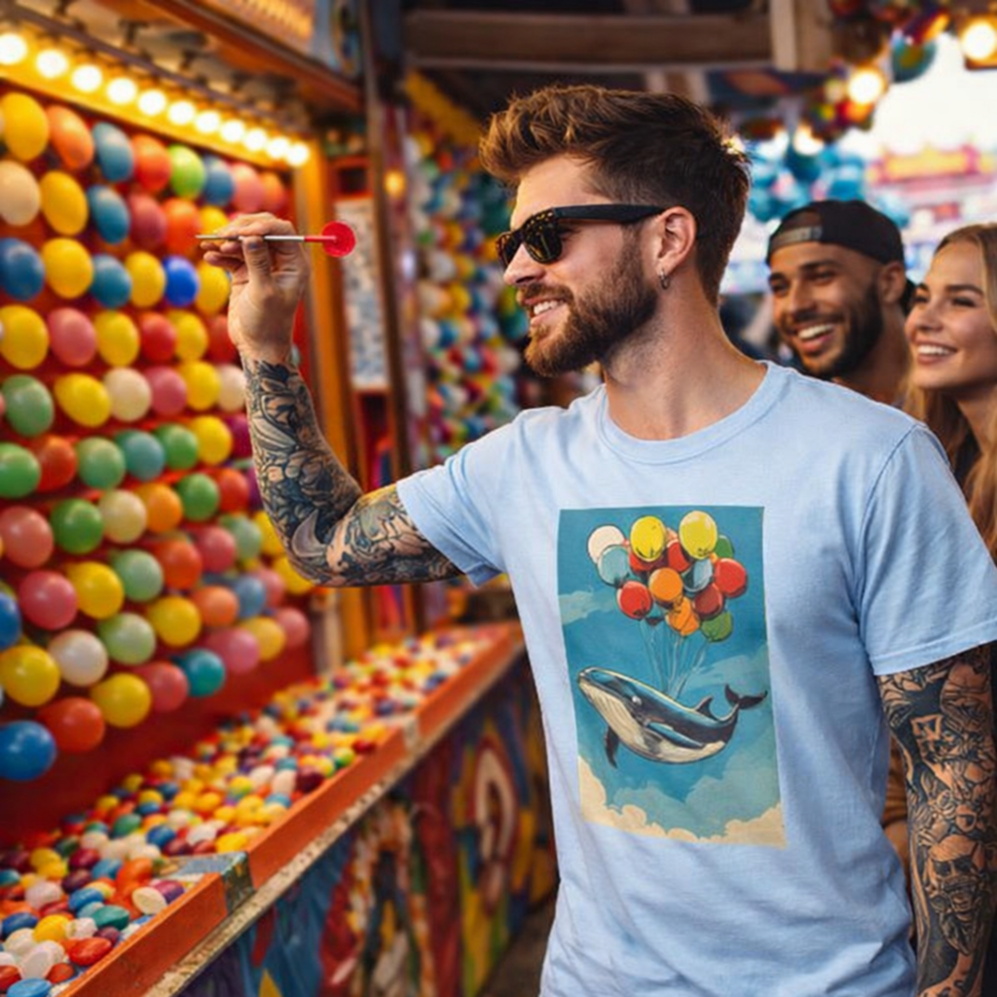 Man wearing a light blue t-shirt with a whale and balloon design, standing in front of a colorful claw machine.