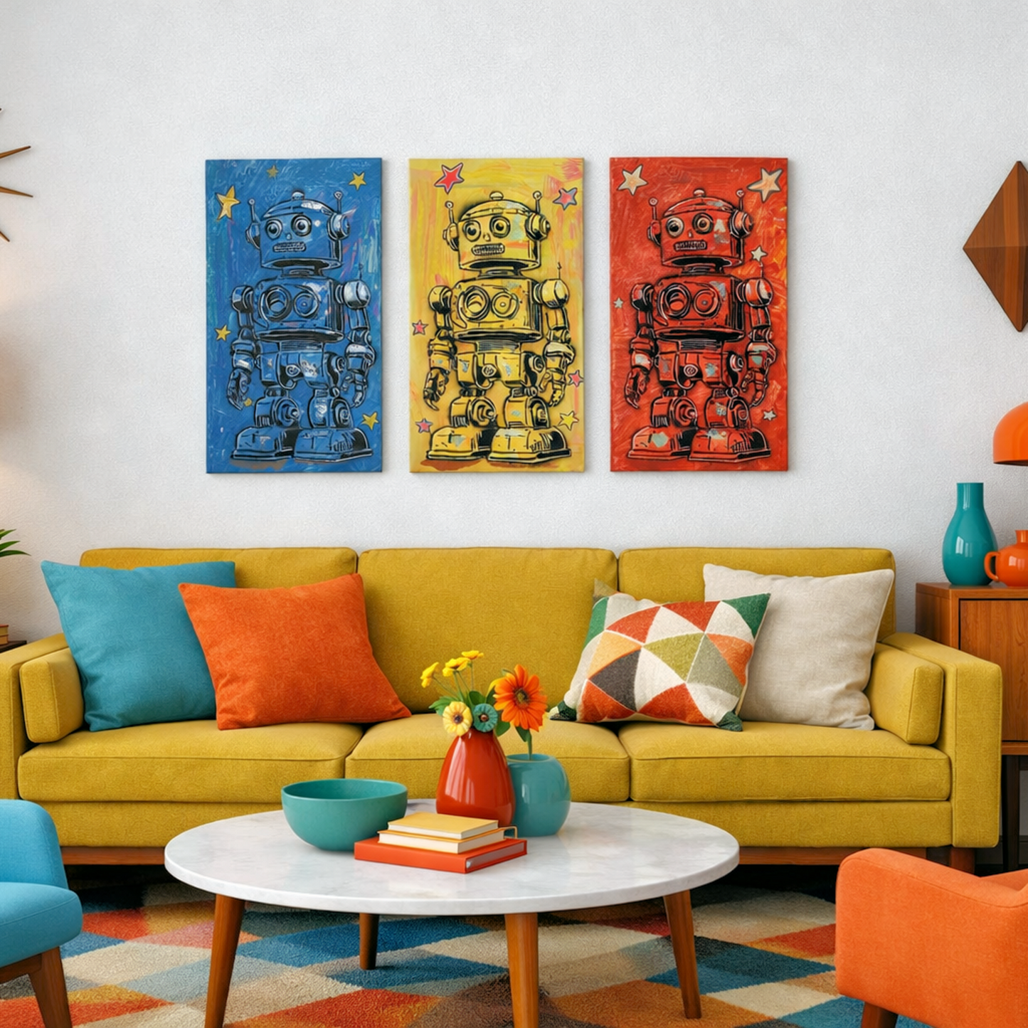 Retro Robot Pop‑Art Triptych – 10x20 Three‑Frame Set Original Art