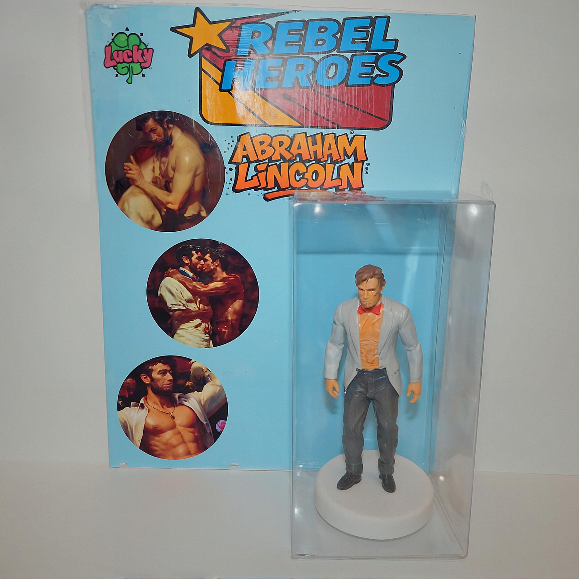 Toy figure of Abraham Lincoln in a clear display case with 'Rebel Heroes' packaging.