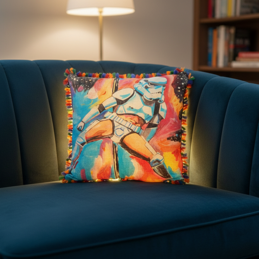 Colorful pillow with a stormtrooper design on a blue couch.