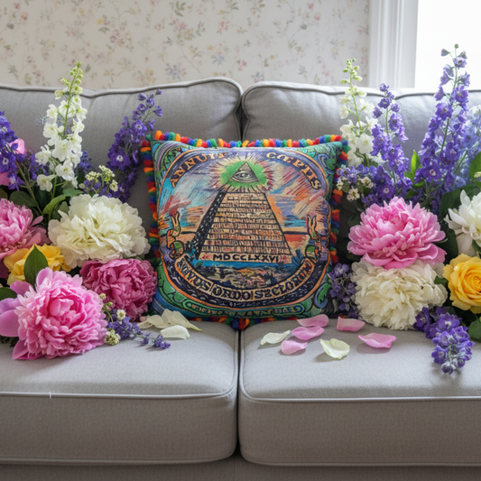 Illuminati Dollar Throw Pillow from Original Art Work Annuit Coeptis, Fun Funky 13x13" Pom Pom